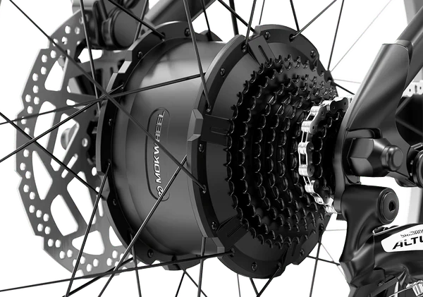 Electric bike Mokwheel Obsidian ST in black and red, side view, with thick tires and modern frame design