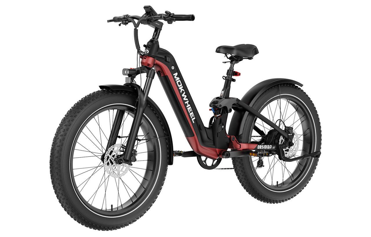 Black and red Mokwheel Obsidian ST eBike with a sturdy frame, thick tires, and modern design, shown from a side angle.