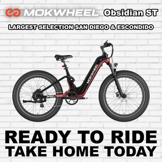 Mokwheel Obsidian ST eBike in black and red, side view, against a white background
