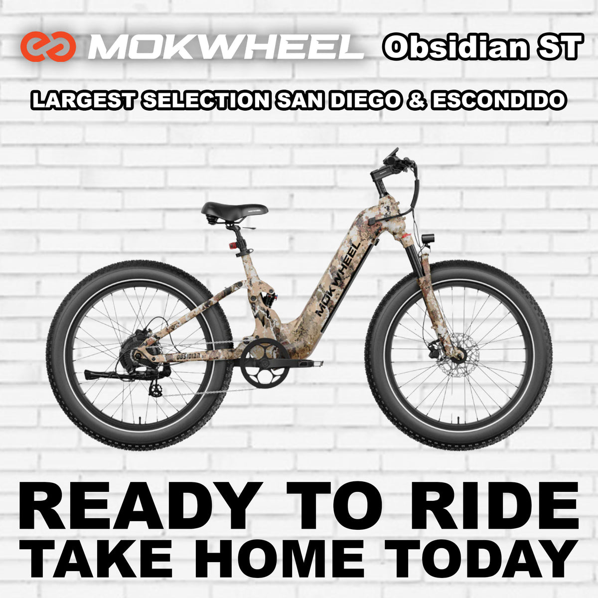 Mokwheel Obsidian ST eBike in Desert Camo color, side view, displayed against a neutral background