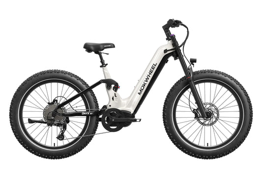 A black Mokwheel Onyx ST electric bike with a step-through frame, wide tires, front suspension, and rear cargo rack, displayed against a white background.