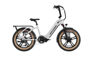 White MOKWHEEL Scoria 750W step-thru electric cargo bike with 20x4 fat tires, side view on white background