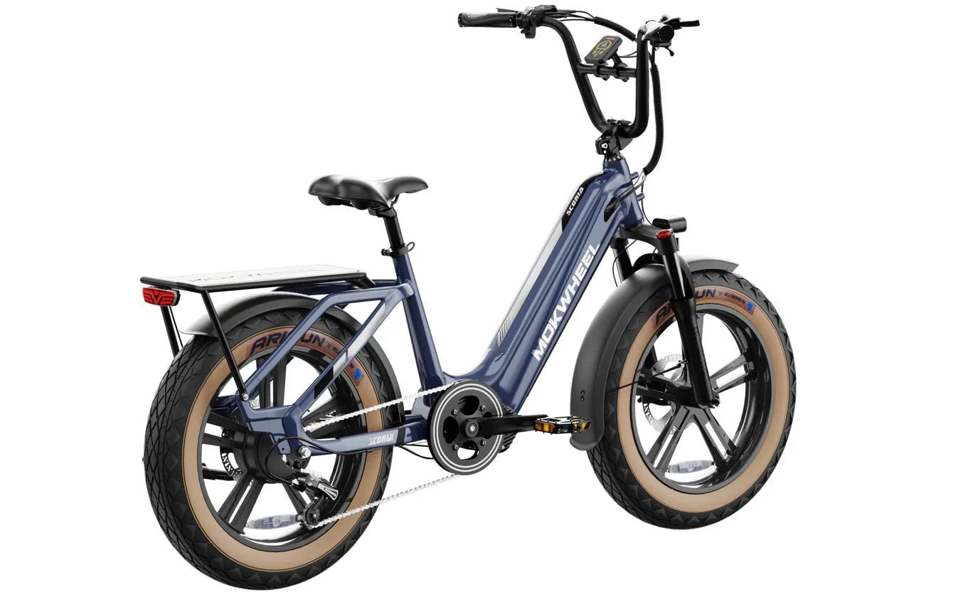White MOKWHEEL Scoria 750W step-thru electric cargo bike with 20x4 fat tires, side view, product image