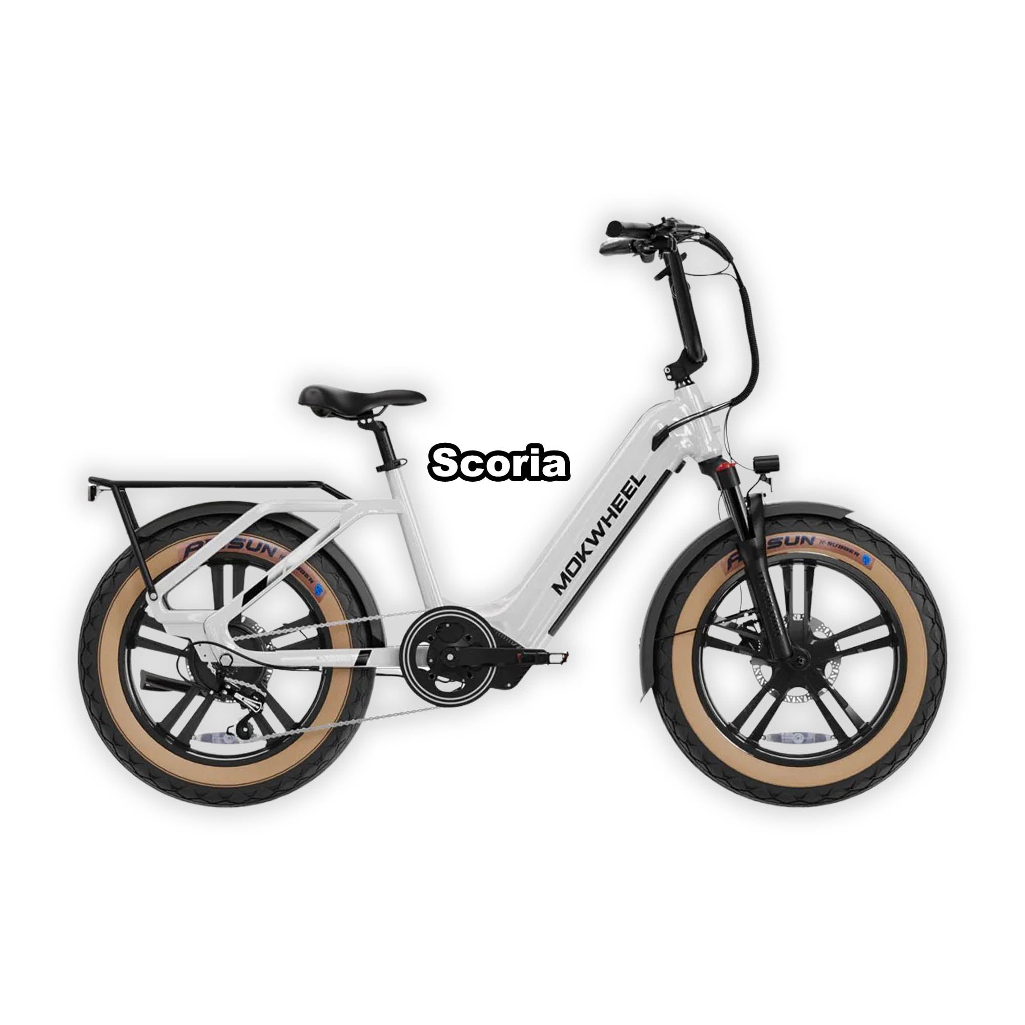 White Mokwheel Scoria eBike, side view, displayed against a plain background.