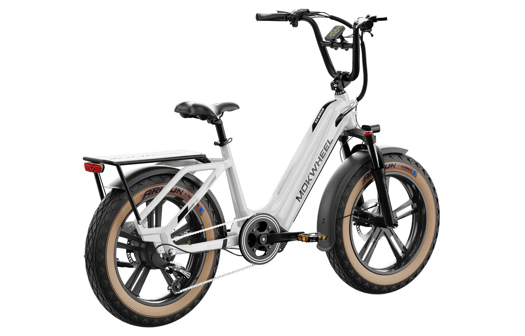 White Mokwheel Scoria eBike, side view, with black tires and handlebars, displayed on a plain background.