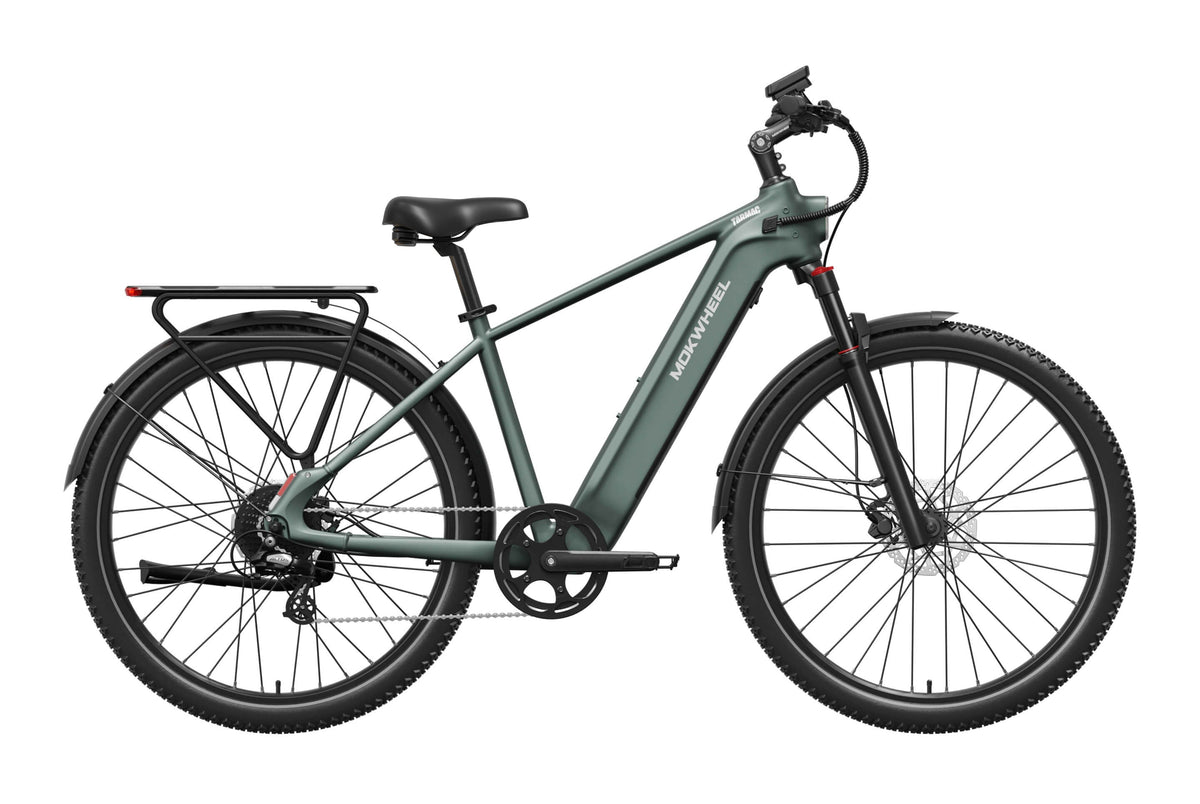 Mokwheel Tarmac eBike in Pine Green, side view, showcasing frame design and tires
