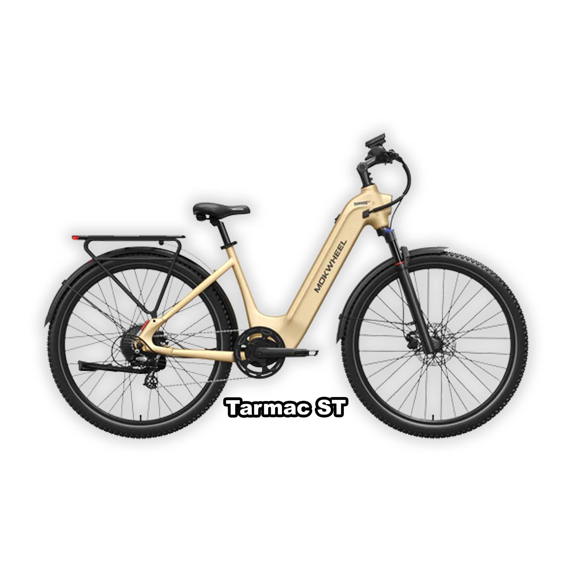 Electric bike Mokwheel Tarmac ST in hazelnut yellow color, side view, isolated on white background.