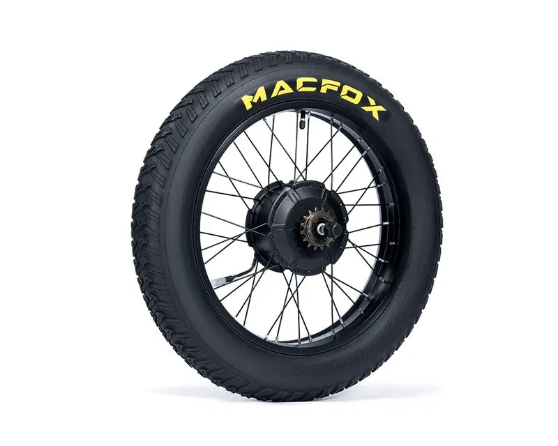 Macfox X1S eBike motor with attached wheel and rim, product image on white background