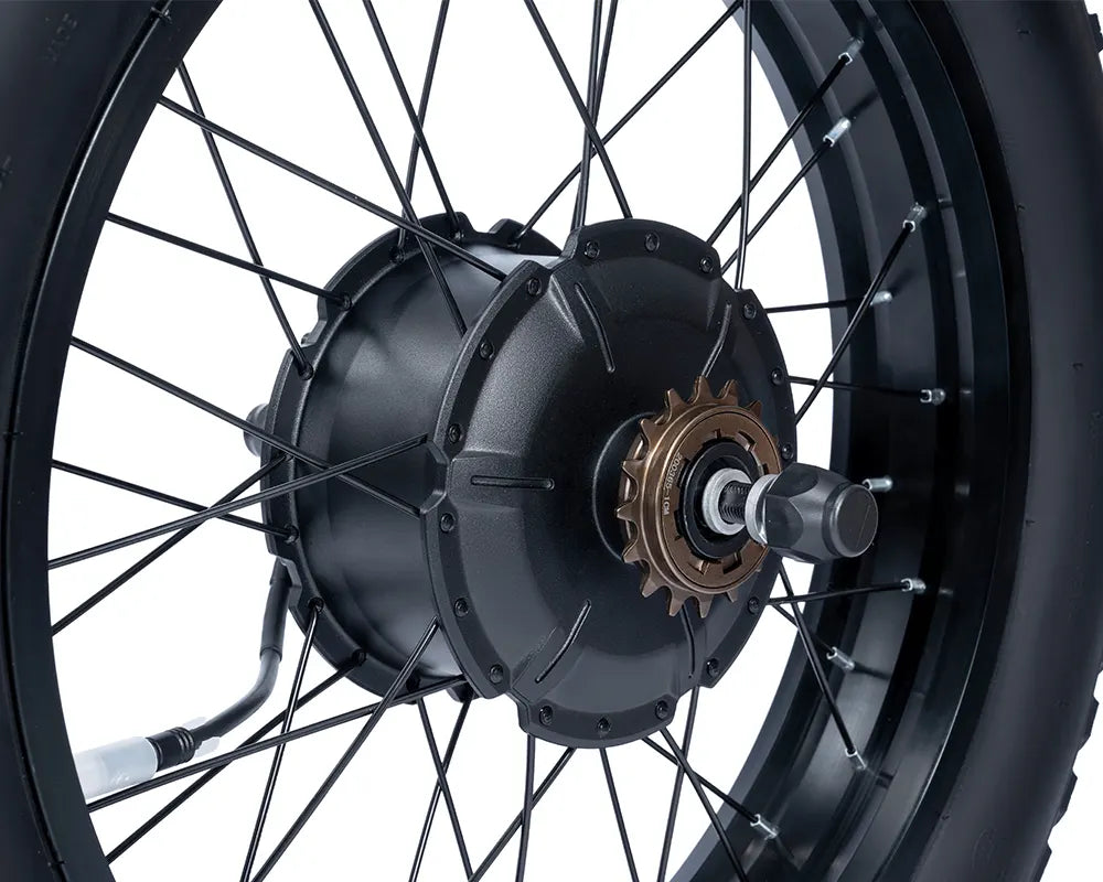 Macfox X1S eBike motor with attached wheel and rim, side view, isolated on white background