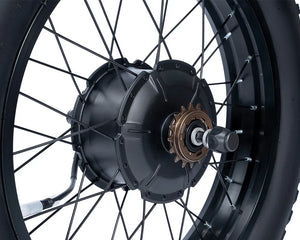 Macfox X1S eBike motor with attached wheel and rim, side view, isolated on white background