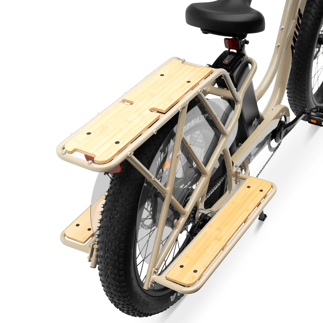 Black eBike MURF Alpha Cargo Fat Tire Beach Cruiser 52v, side view, with large tires and rear cargo rack