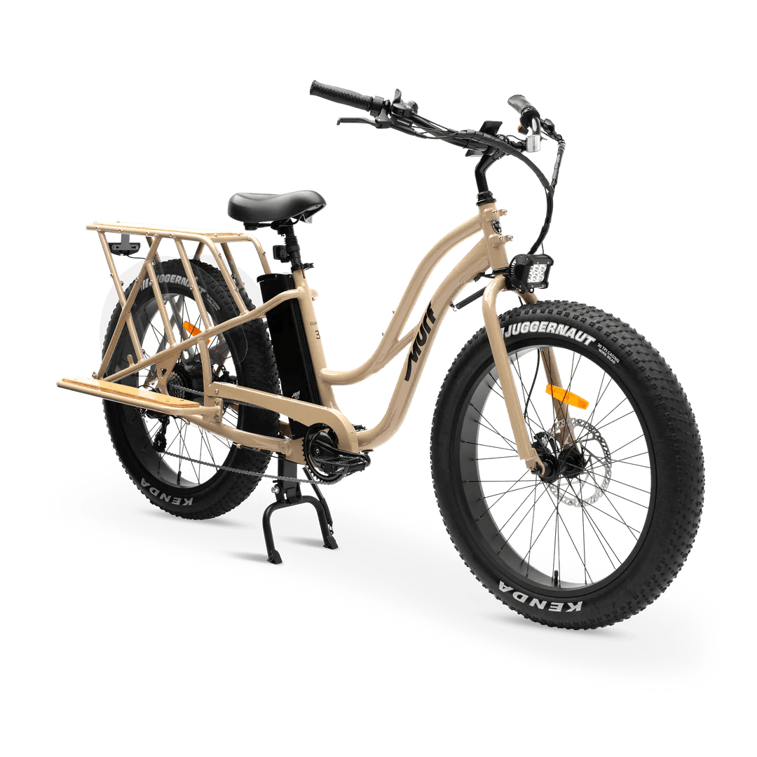 eBike MURF Alpha Cargo Fat Tire Beach Cruiser 52v in Desert color, side view, displayed on a neutral background