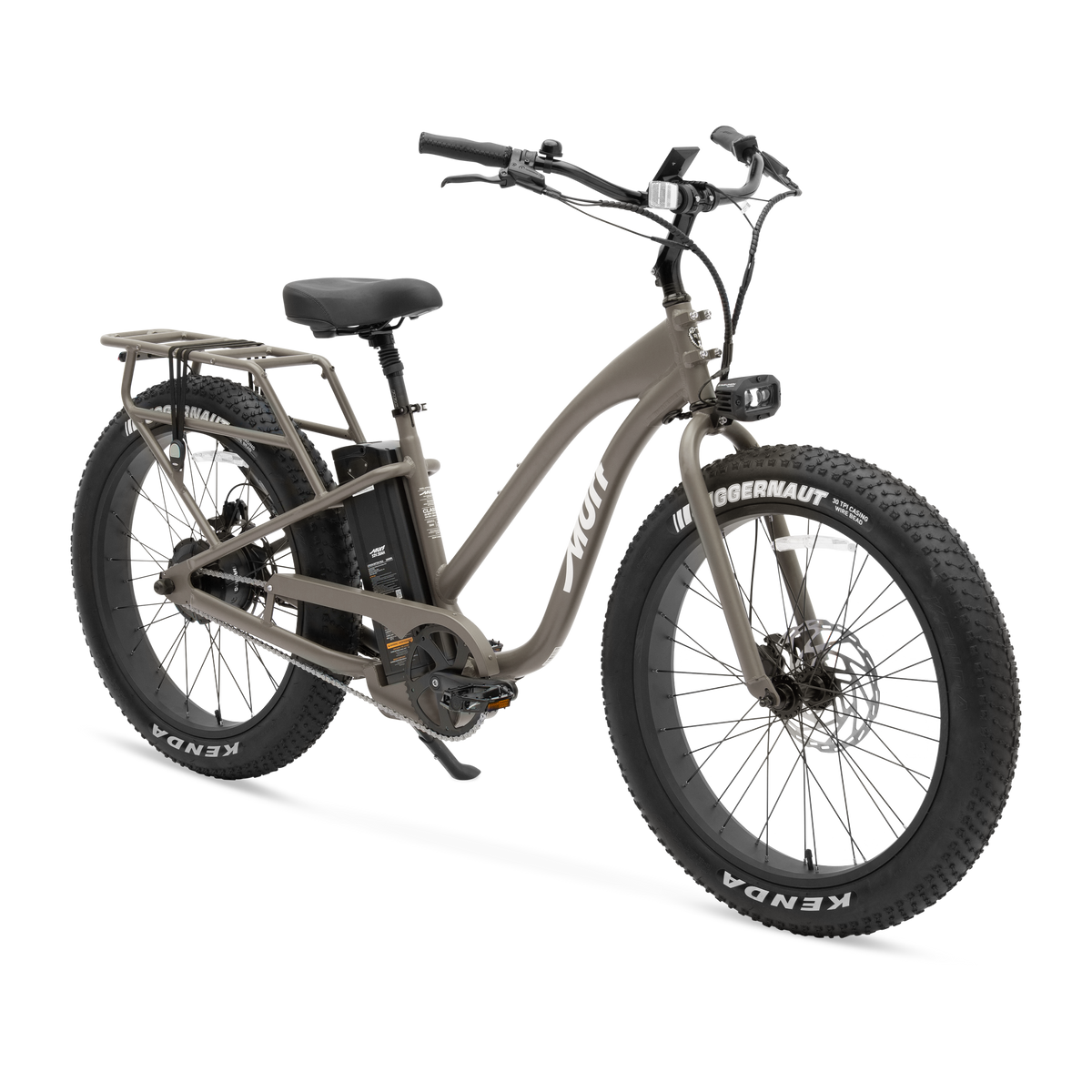 Side view of the Murf Alpha ST eBike in Stone color, showcasing its step-through frame, wide tires, and minimalist design against a plain background.