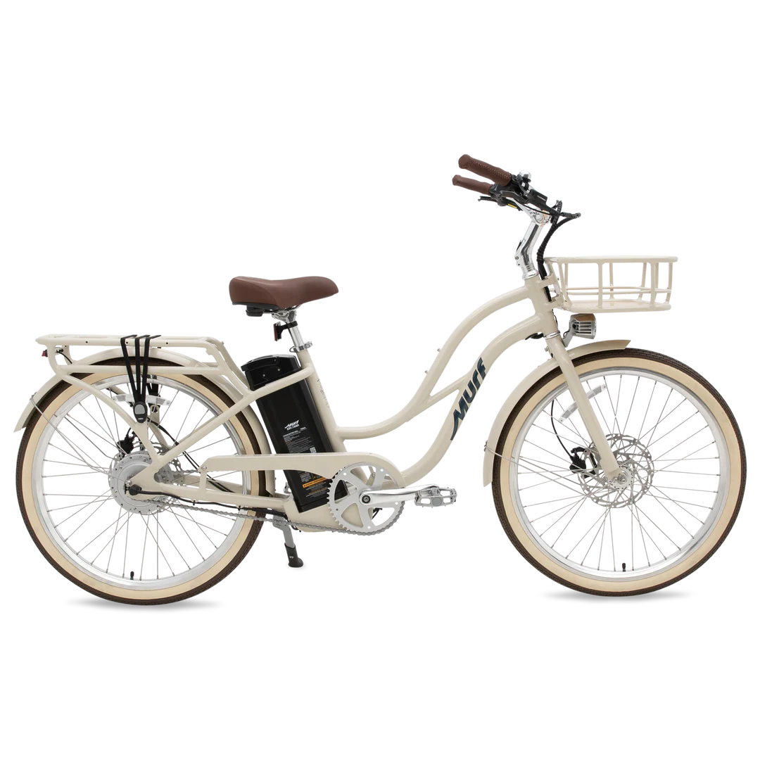 Side view of the Murf Gigi 2.0 eBike in Bone color, showcasing its step-through frame, wide tires, and minimalist design against a plain background.