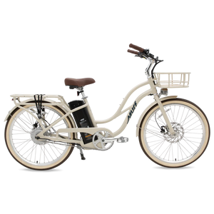 Side view of the Murf Gigi 2.0 eBike in Bone color, showcasing its step-through frame, wide tires, and minimalist design against a plain background.