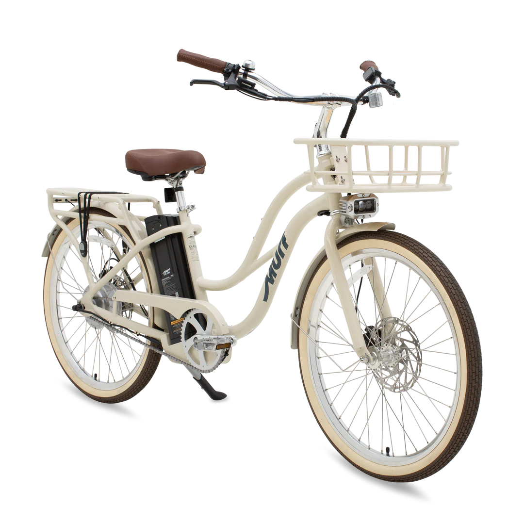 Side view of the Murf Gigi 2.0 eBike in Bone color, showcasing its step-through frame, wide tires, and rear rack against a plain background.