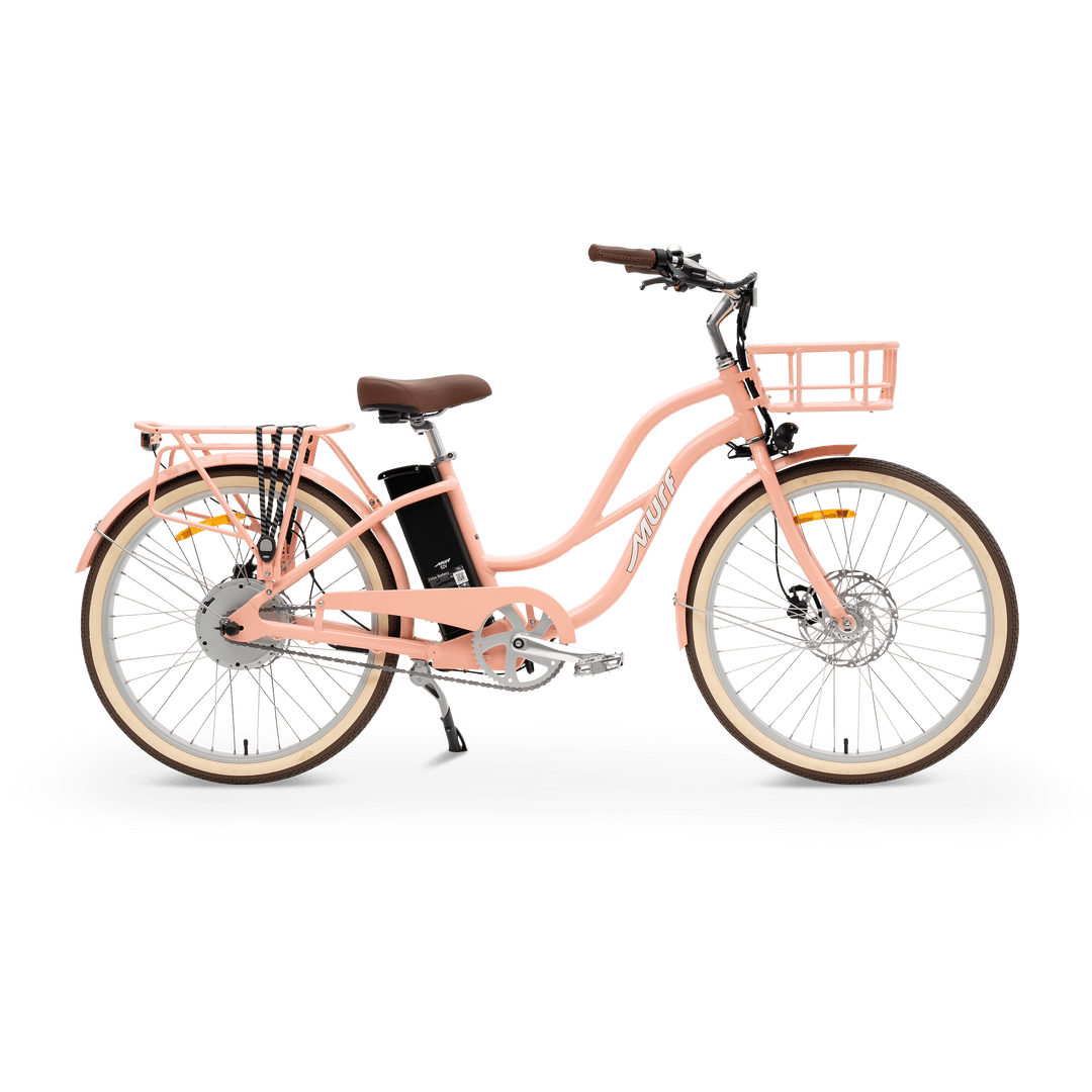 A white MURF Gigi Cruiser eBike with wide tires, a step-through frame, and a rear cargo rack, displayed on a plain background.