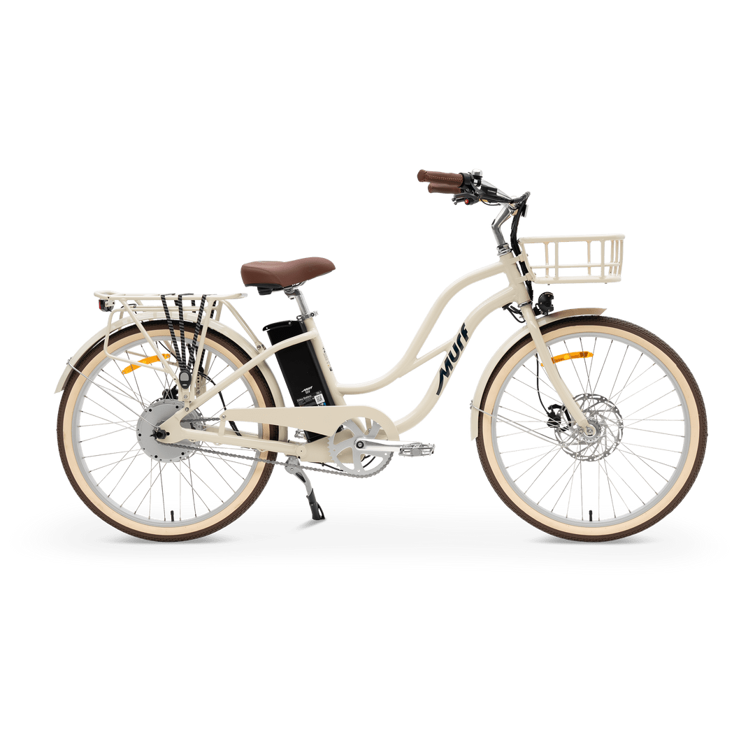 Side view of the eBike MURF Gigi Cruiser in Bone color, showcasing its step-through frame, wide tires, and comfortable saddle.