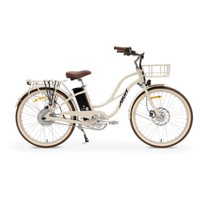 Side view of the eBike MURF Gigi Cruiser in Bone color, showcasing its step-through frame, wide tires, and comfortable saddle.