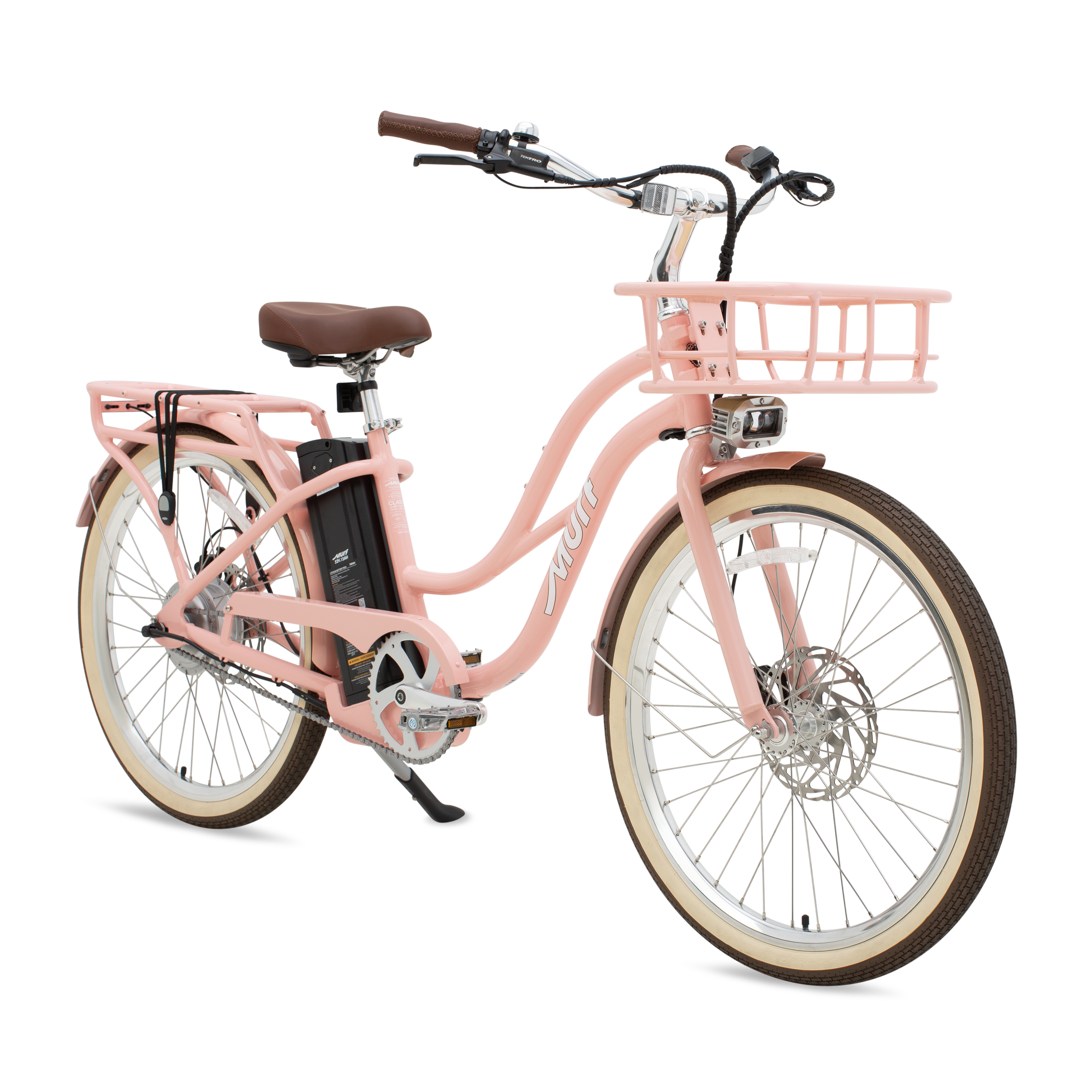 A peach-colored Murf Gigi eBike parked on a sandy beach with the ocean in the background.