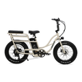 Side view of the Murf Higgs Plus eBike in Bone color, showcasing its sturdy frame, wide tires, and rear cargo rack.