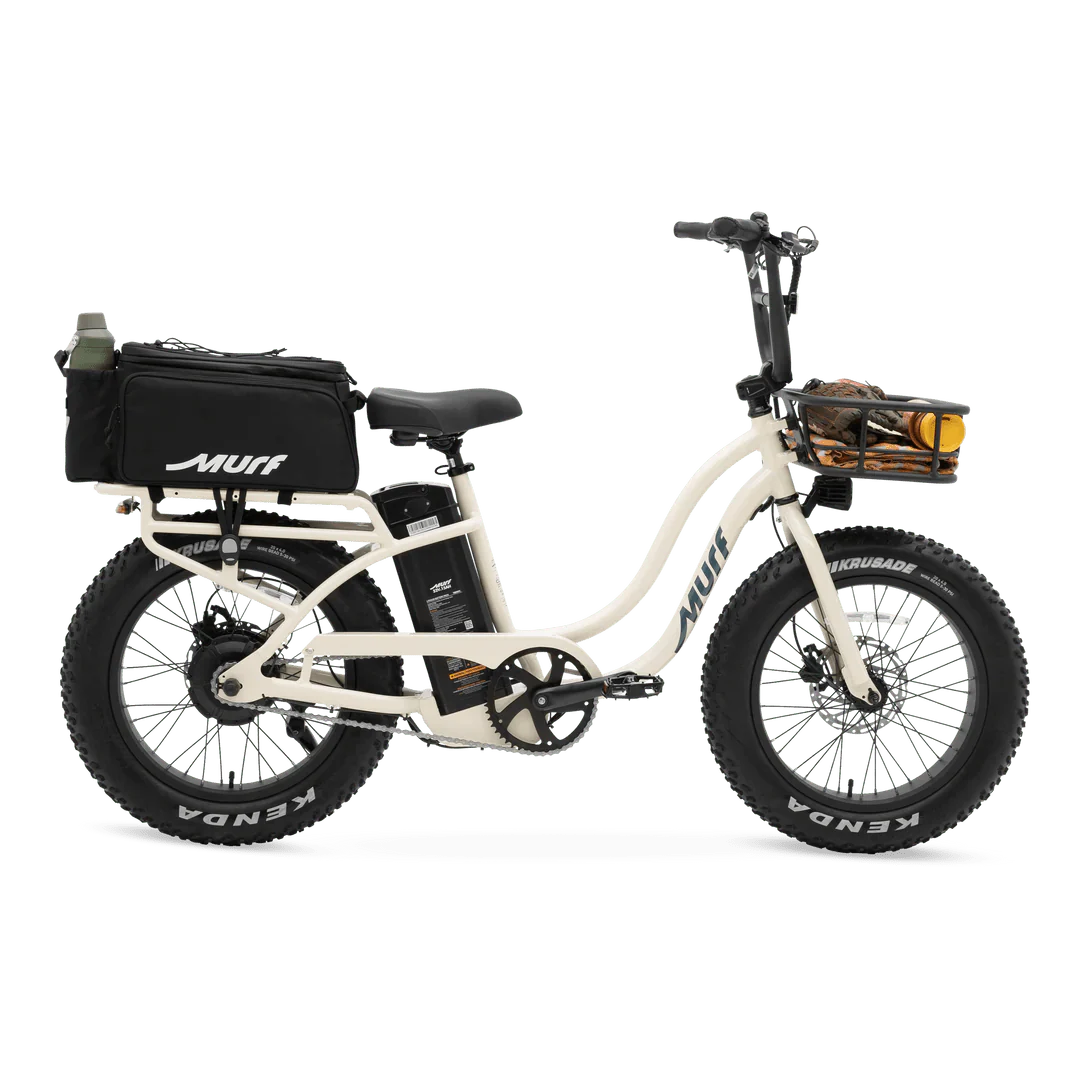 Bone-colored MURF Higgs Step-Thru fat tire eBike, side view, against a plain background.