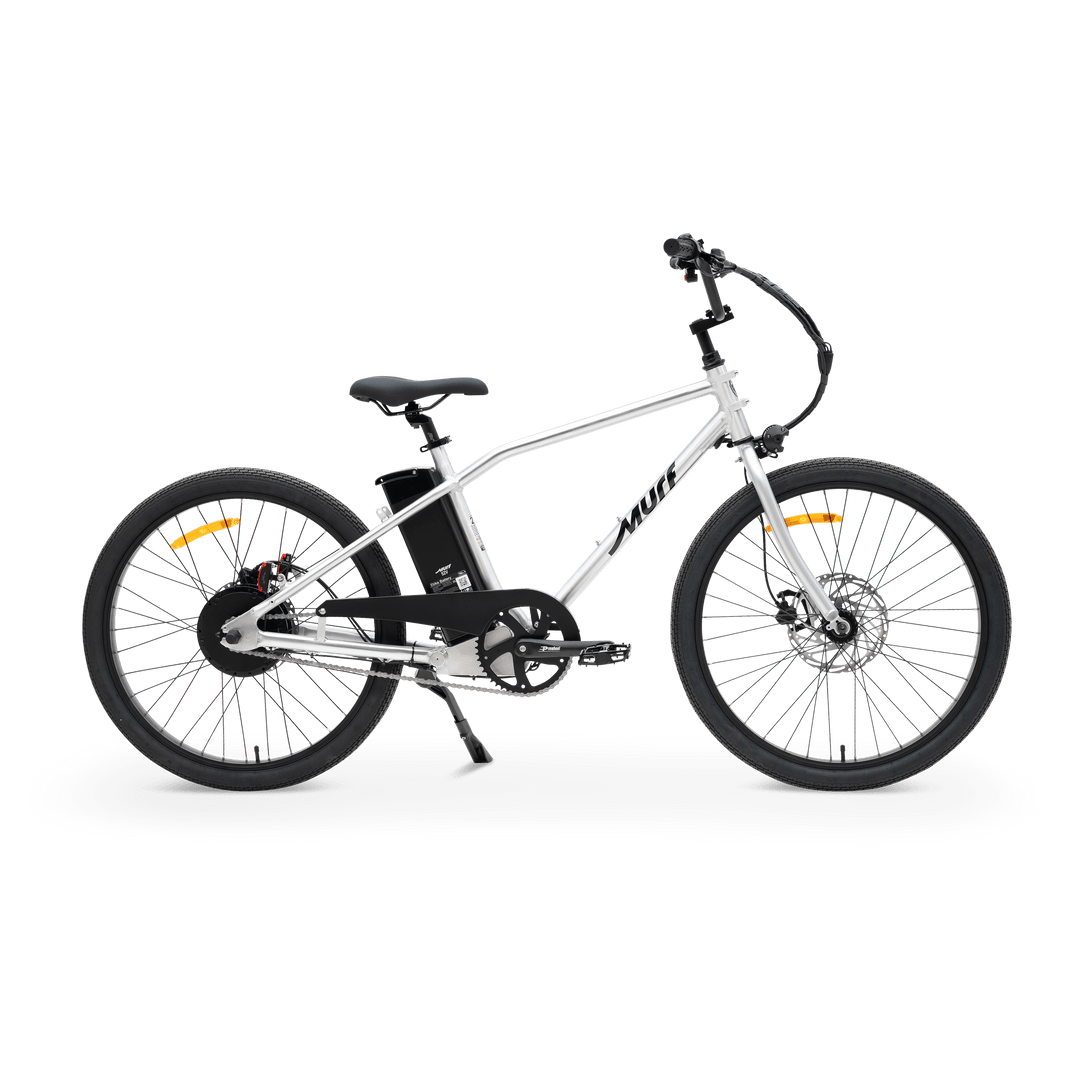 A black MURF Otis eBike with fat tires, front suspension fork, and rear cargo rack, displayed on a white background.