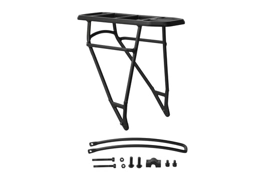 Aventon Pace 5 eBike rear rack set mounted on bicycle, side view, black metal construction