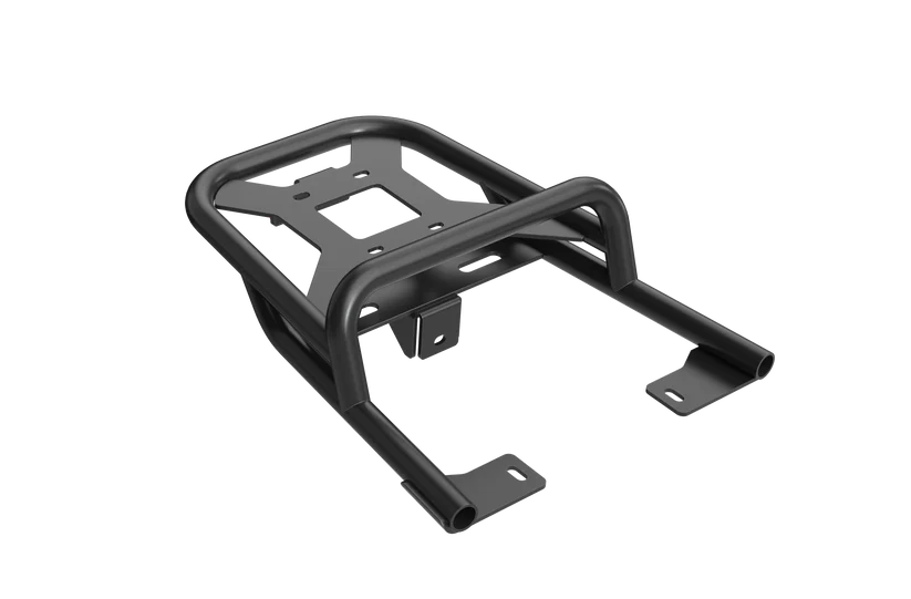 Black metal rear rack mounted on the back of a Raev Bullet eBike, shown from a side angle against a white background.