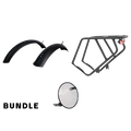 Black metal rear rack mounted on a Revi Cheetah electric bike, shown from a side angle against a white background.