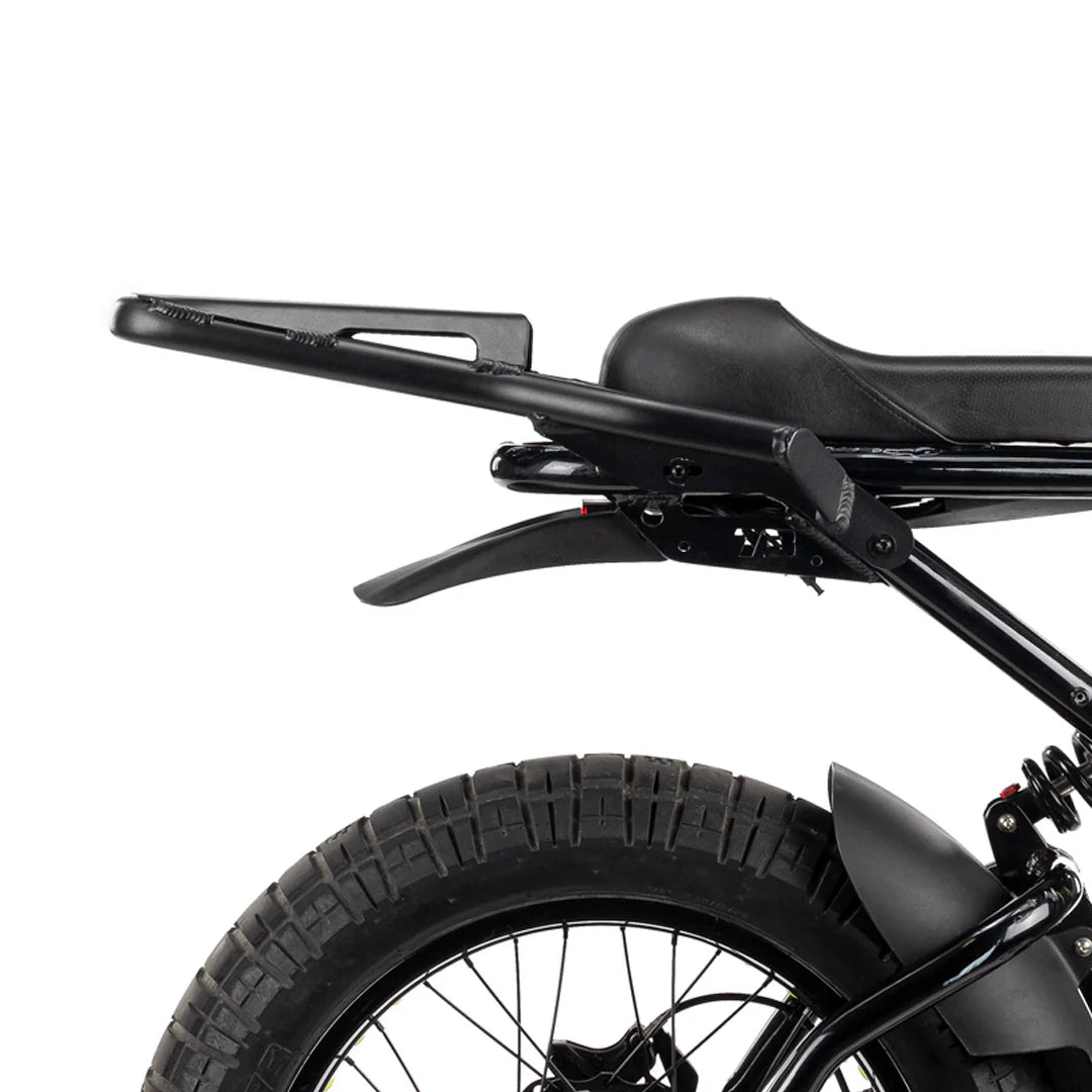 Black metal rear rack mounted on the back of a Super73 R-Series electric bike, designed for carrying cargo or accessories.