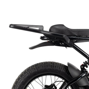 Black metal rear rack mounted on the back of a Super73 R-Series electric bike, designed for carrying cargo or accessories.
