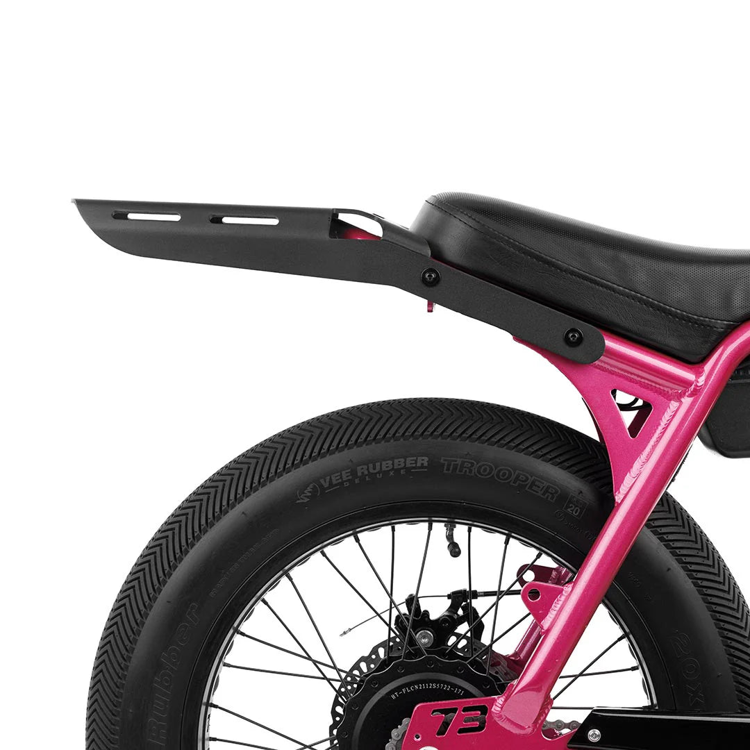 Black metal rear rack mounted on the back of a Super73 Z/ZX electric bike, shown from a side angle against a white background.