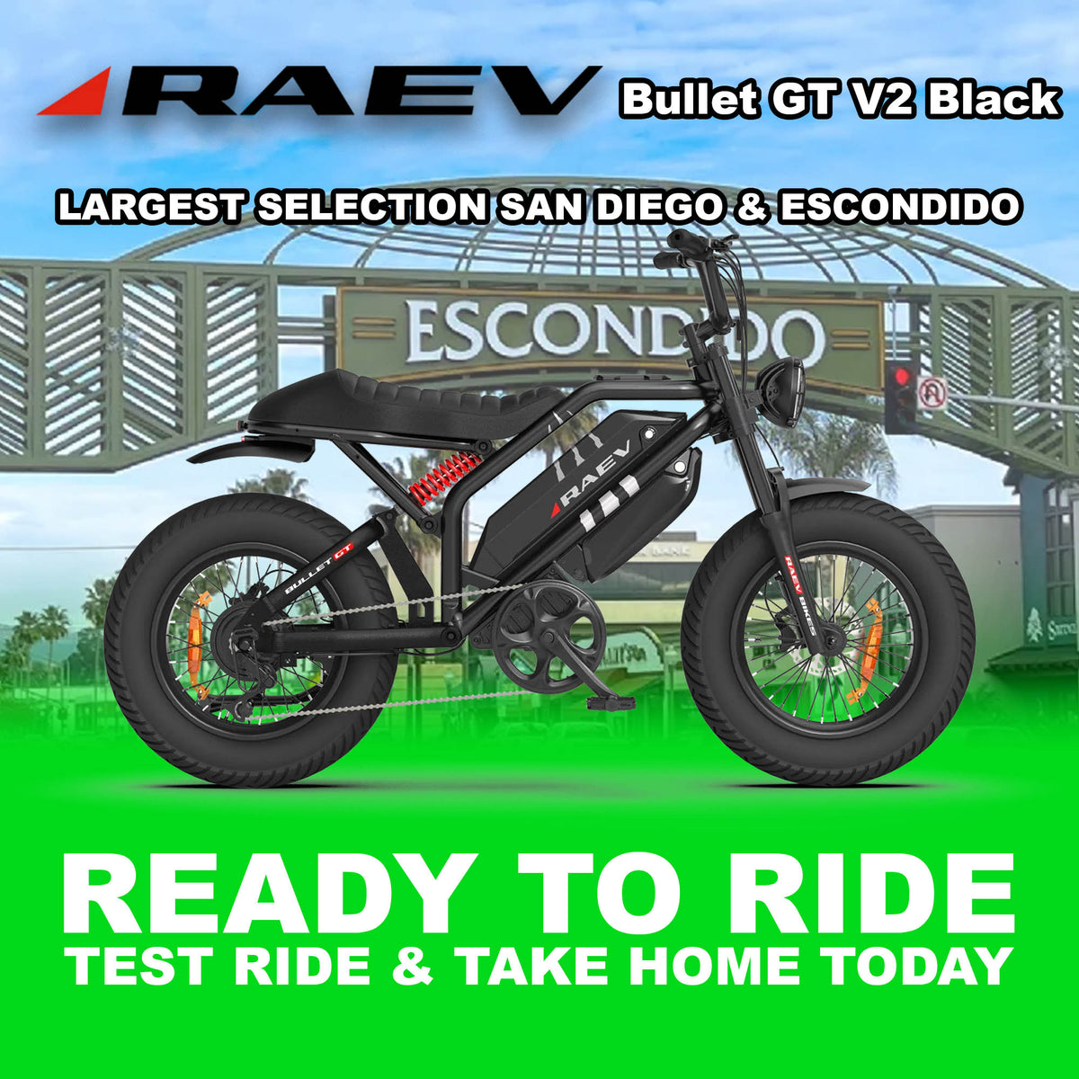 RAEV Bullet GT V2 electric bike in metallic black, side view, photographed outdoors in Escondido