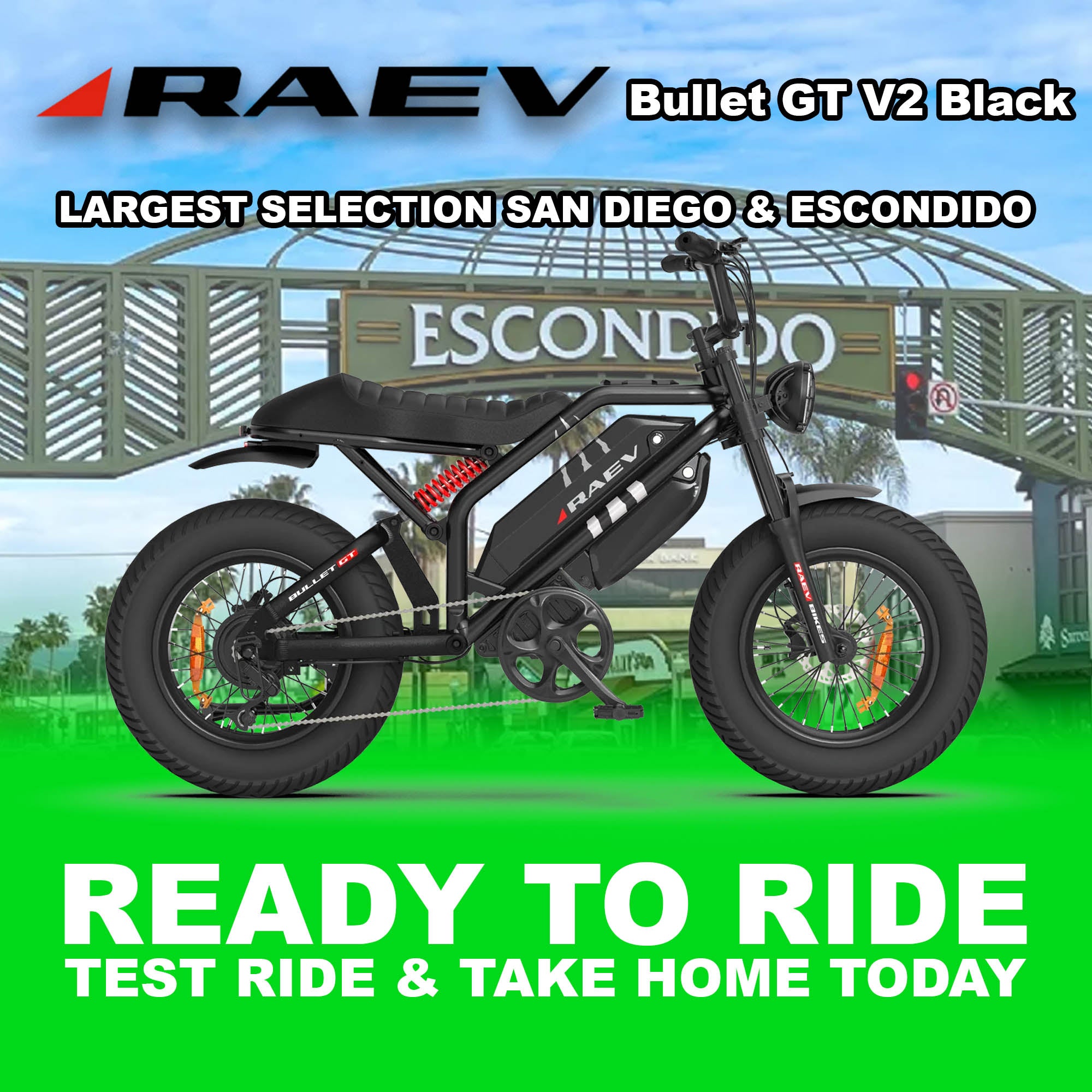 Raev Bullet GT V2 electric bike in metallic black, side view, photographed outdoors in Escondido