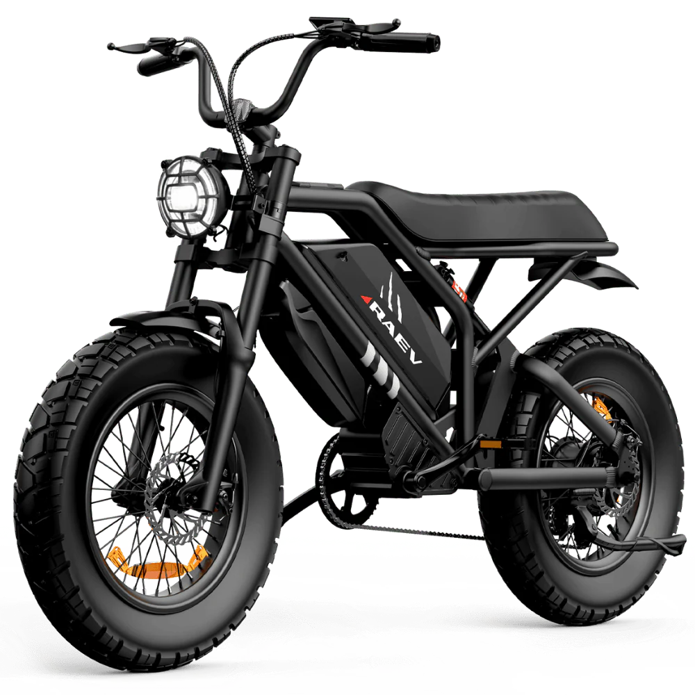 Metallic black Raev Bullet GTX eBike side view, showcasing sleek frame design and thick tires