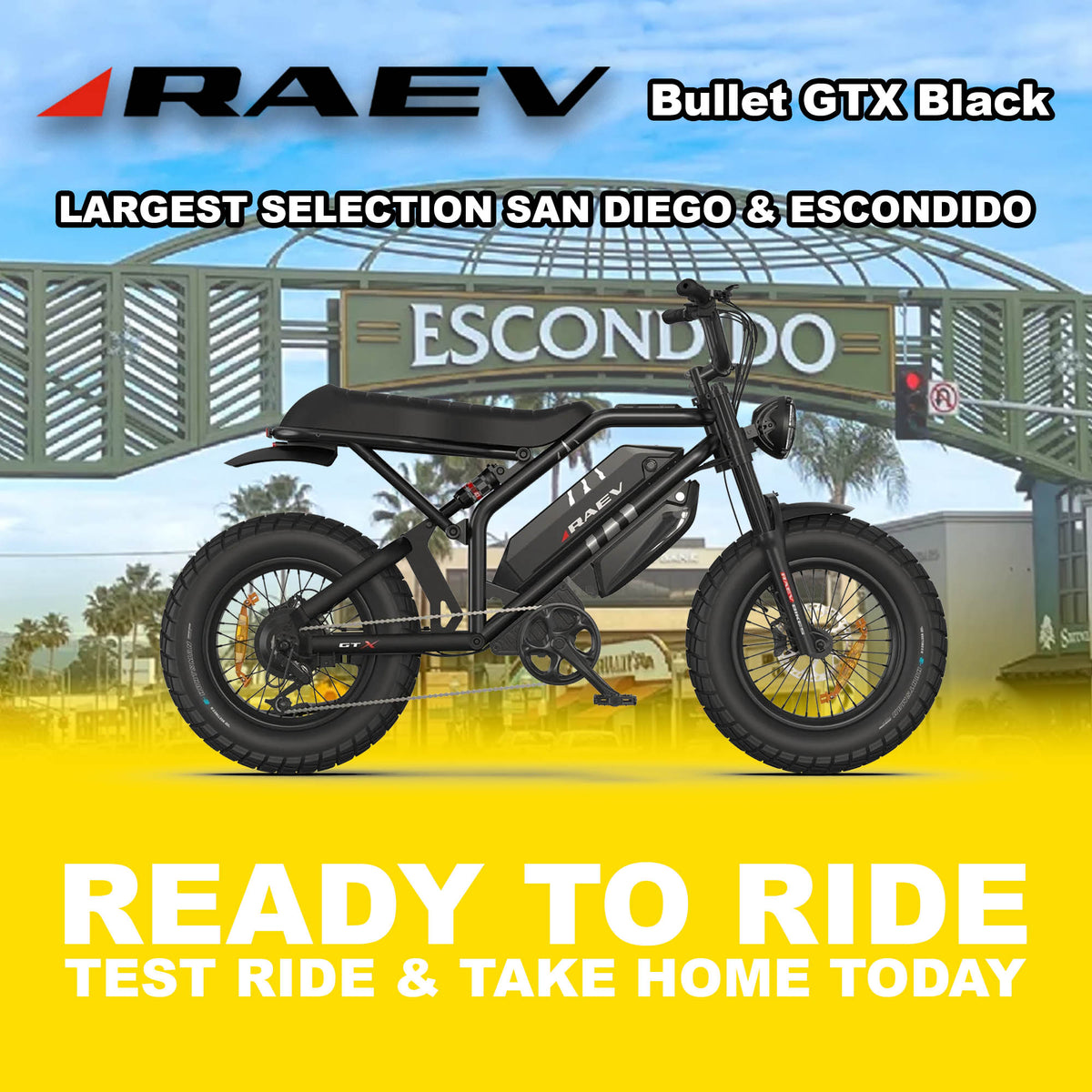 RAEV Bullet GTX electric bike in metallic black, side view, photographed outdoors in Escondido, showing sleek frame and modern design