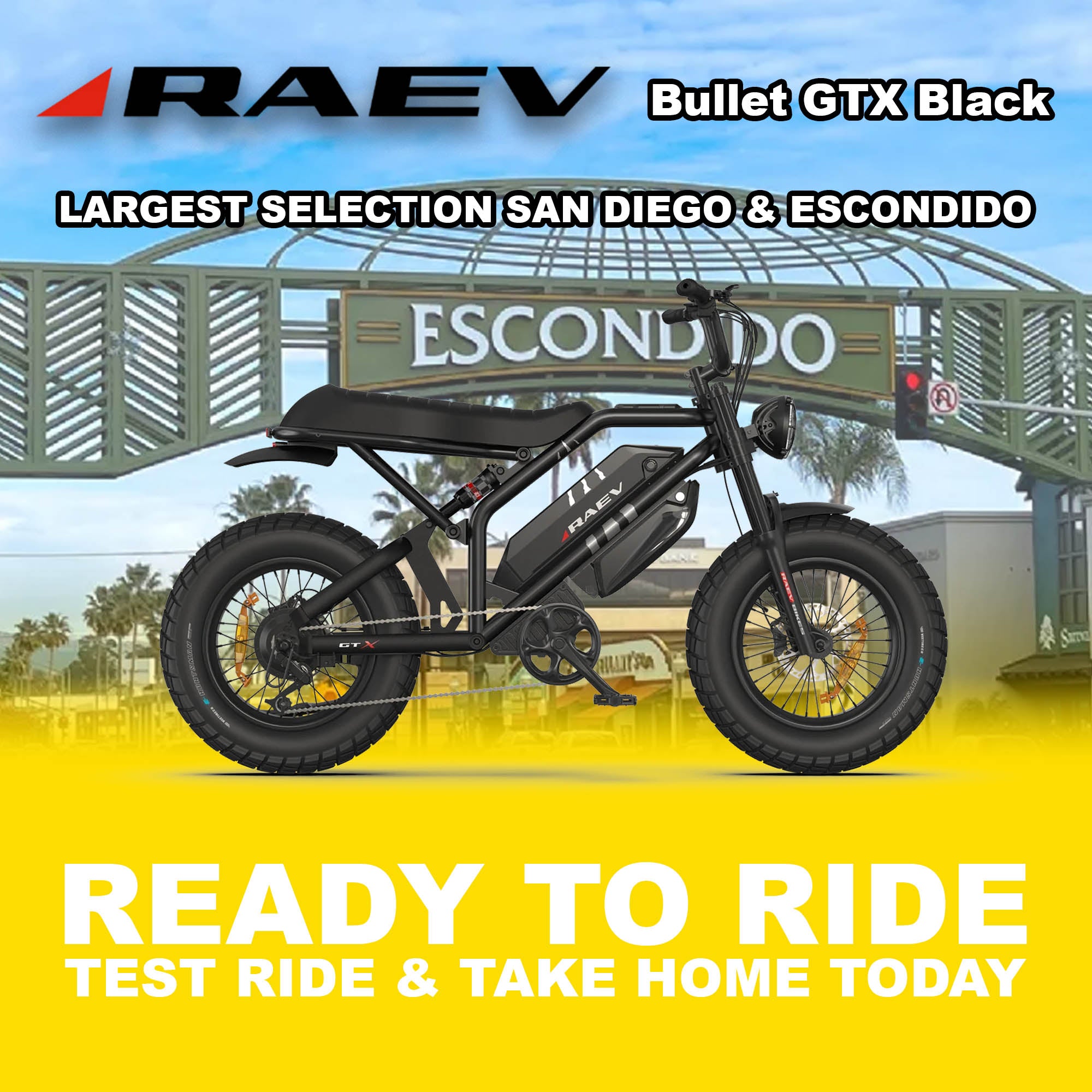 Raev Bullet GTX electric bike in metallic black, side view, photographed outdoors in Escondido