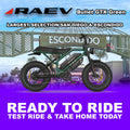 Metallic green Raev Bullet GTX eBike parked outdoors, side view, with R2R Escondido branding visible.