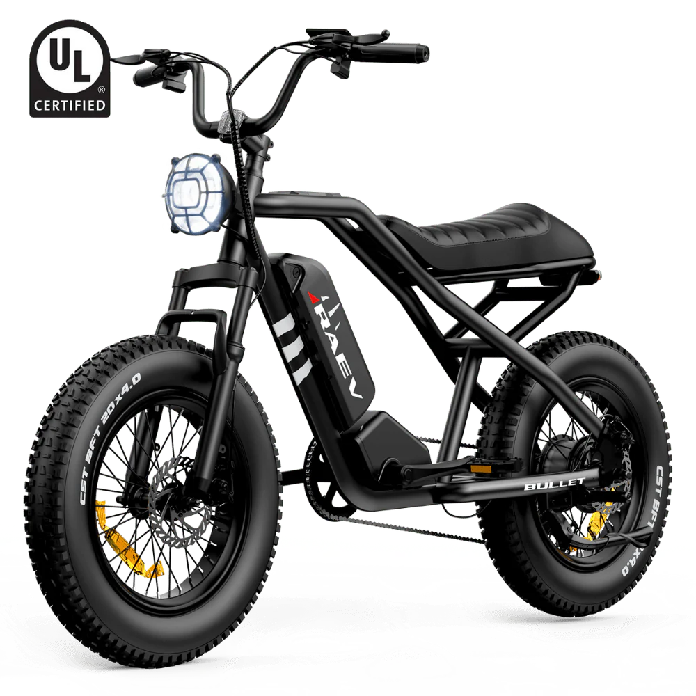 Metallic black Raev Bullet eBike side view, showcasing sleek frame and modern design