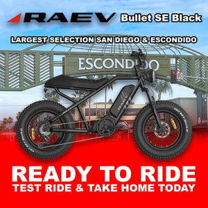 Raev Bullet eBike in metallic black, side view, displayed outdoors in Escondido