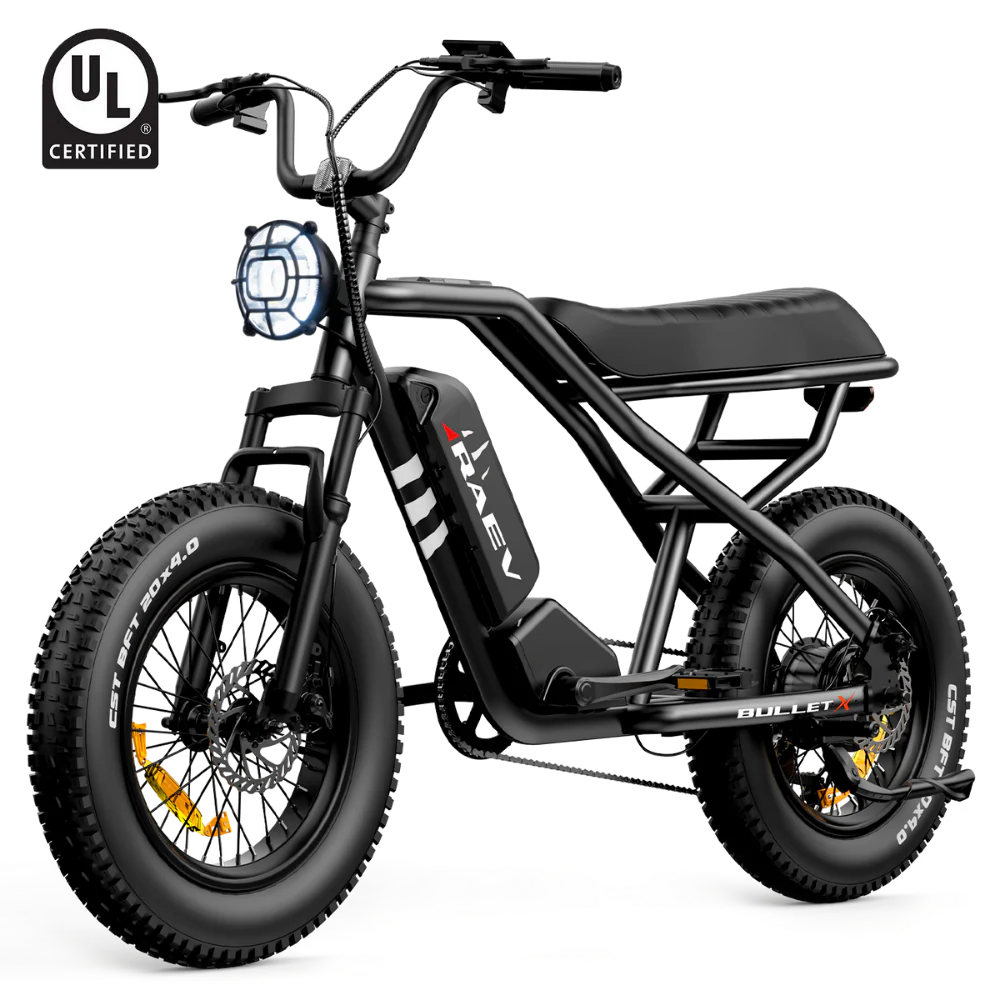 Metallic black Raev Bullet X eBike side view, showcasing sleek frame and modern design