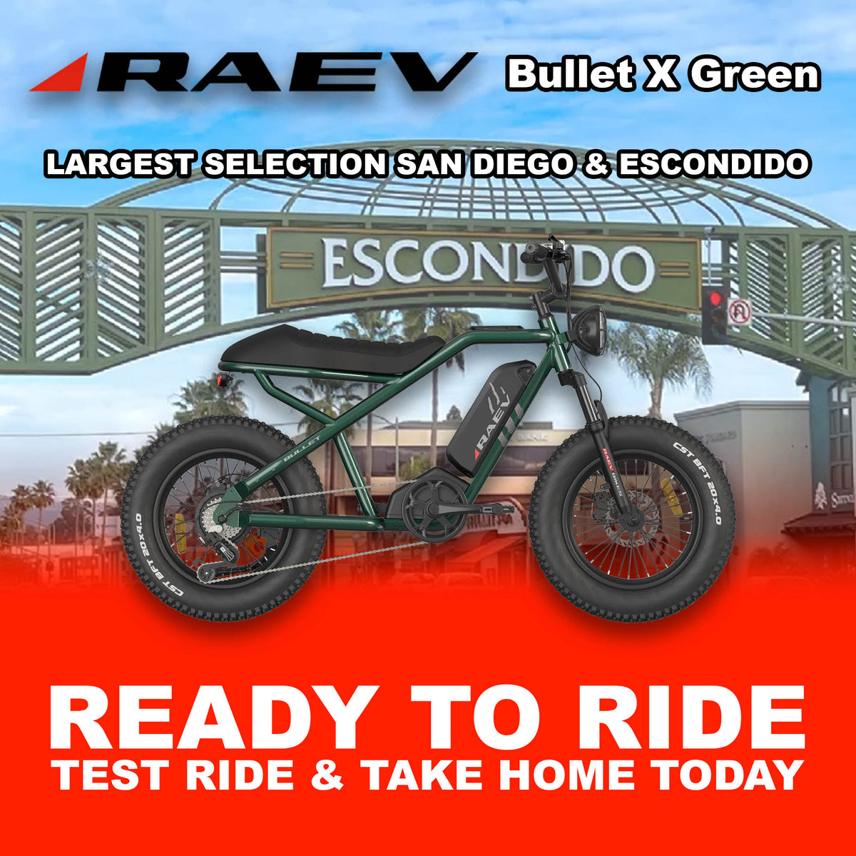 Metallic green Raev Bullet X e-bike parked outdoors, side view, with R2R Escondido branding visible.