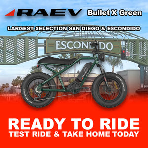 Metallic green Raev Bullet X eBike parked outdoors in Escondido, side view