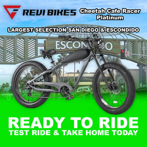 eBike Revi Cheetah Cafe Racer in platinum and black, side view, product image