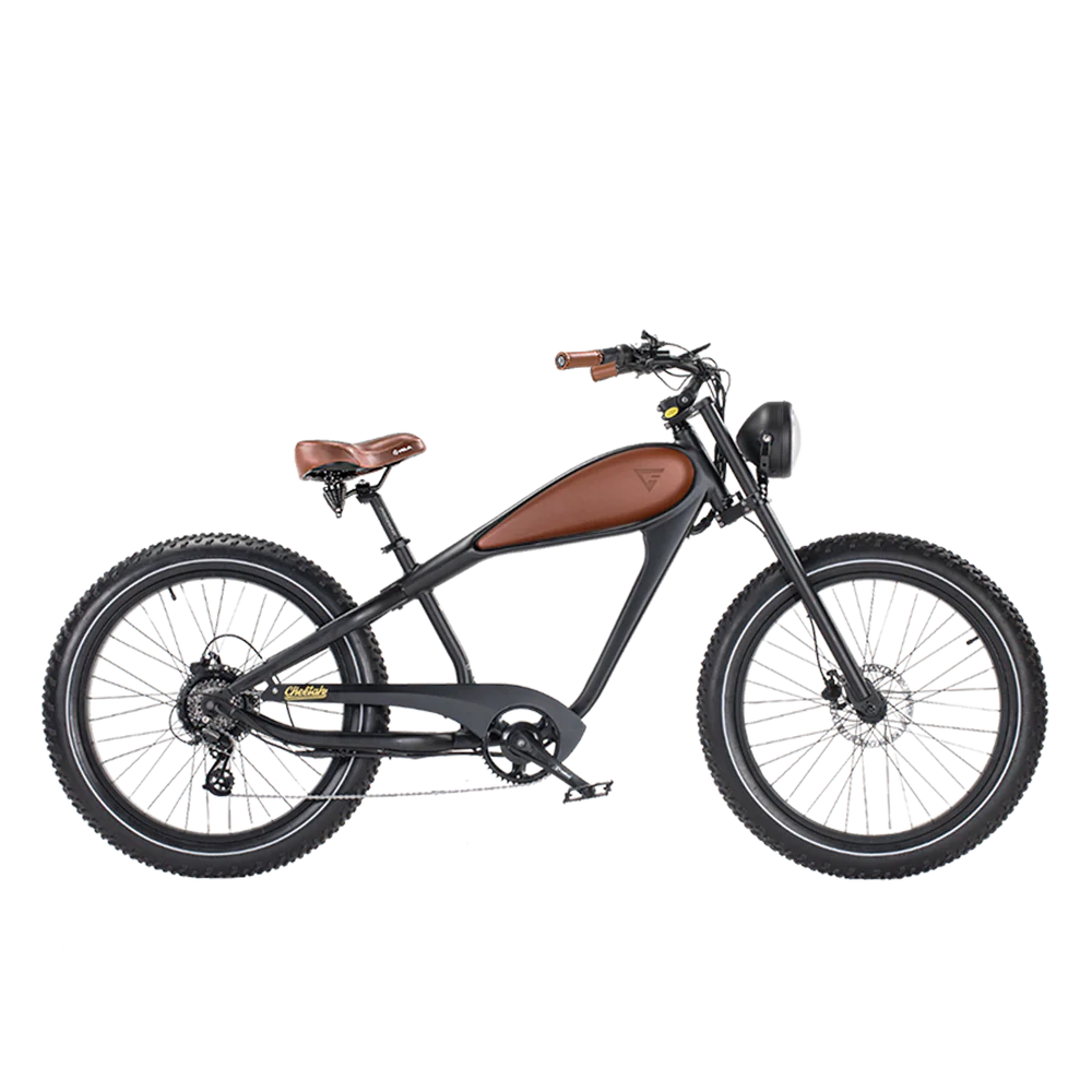 Brown eBike Revi Cheetah electric bicycle side view with leather saddle and retro design