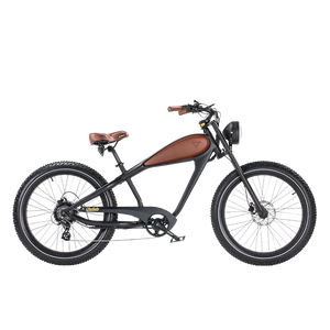 Brown eBike Revi Cheetah electric bicycle side view with leather saddle and retro design