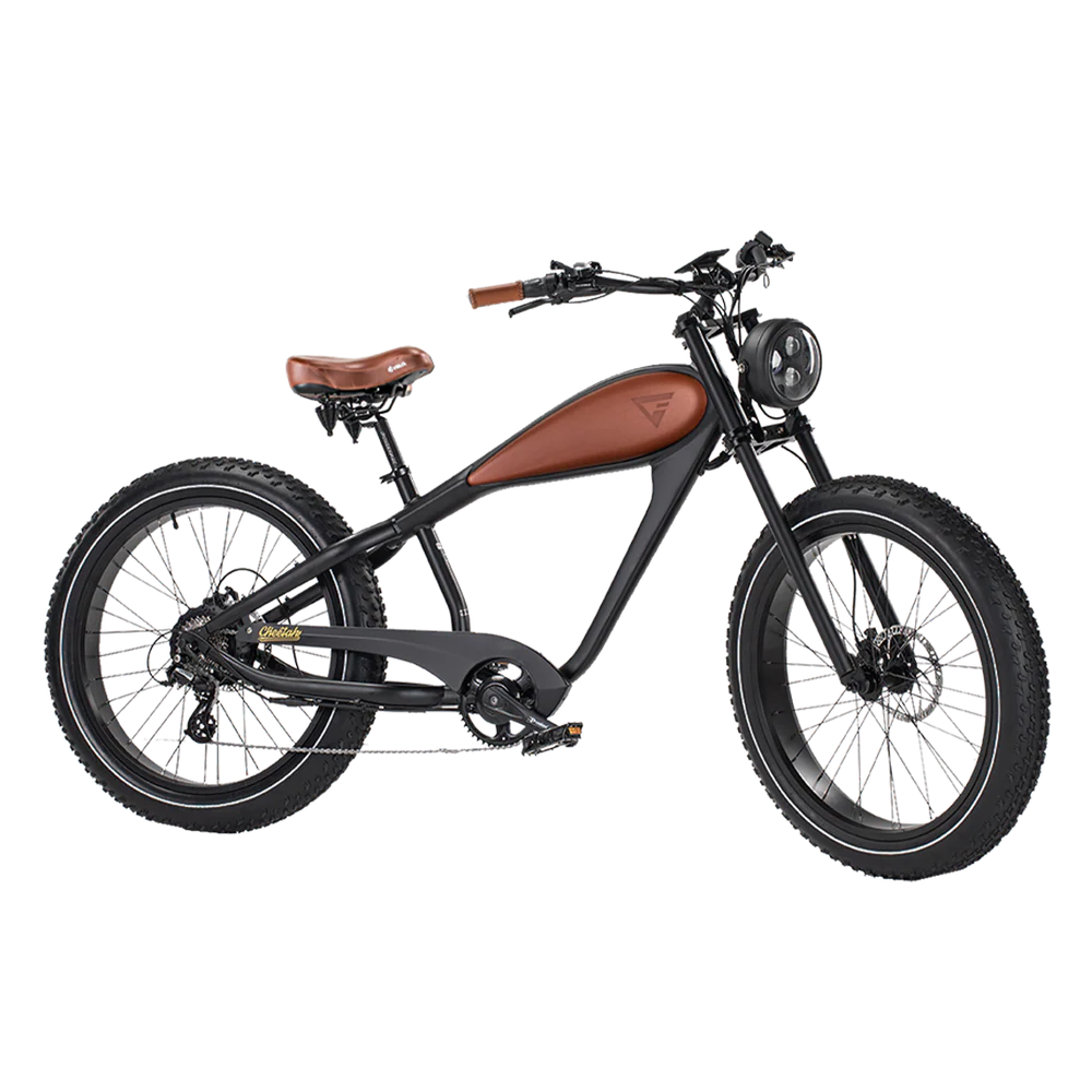 Brown eBike Revi Cheetah electric bicycle side view with leather saddle and retro design