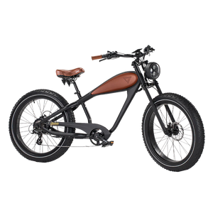 Brown eBike Revi Cheetah electric bicycle side view with leather saddle and retro design