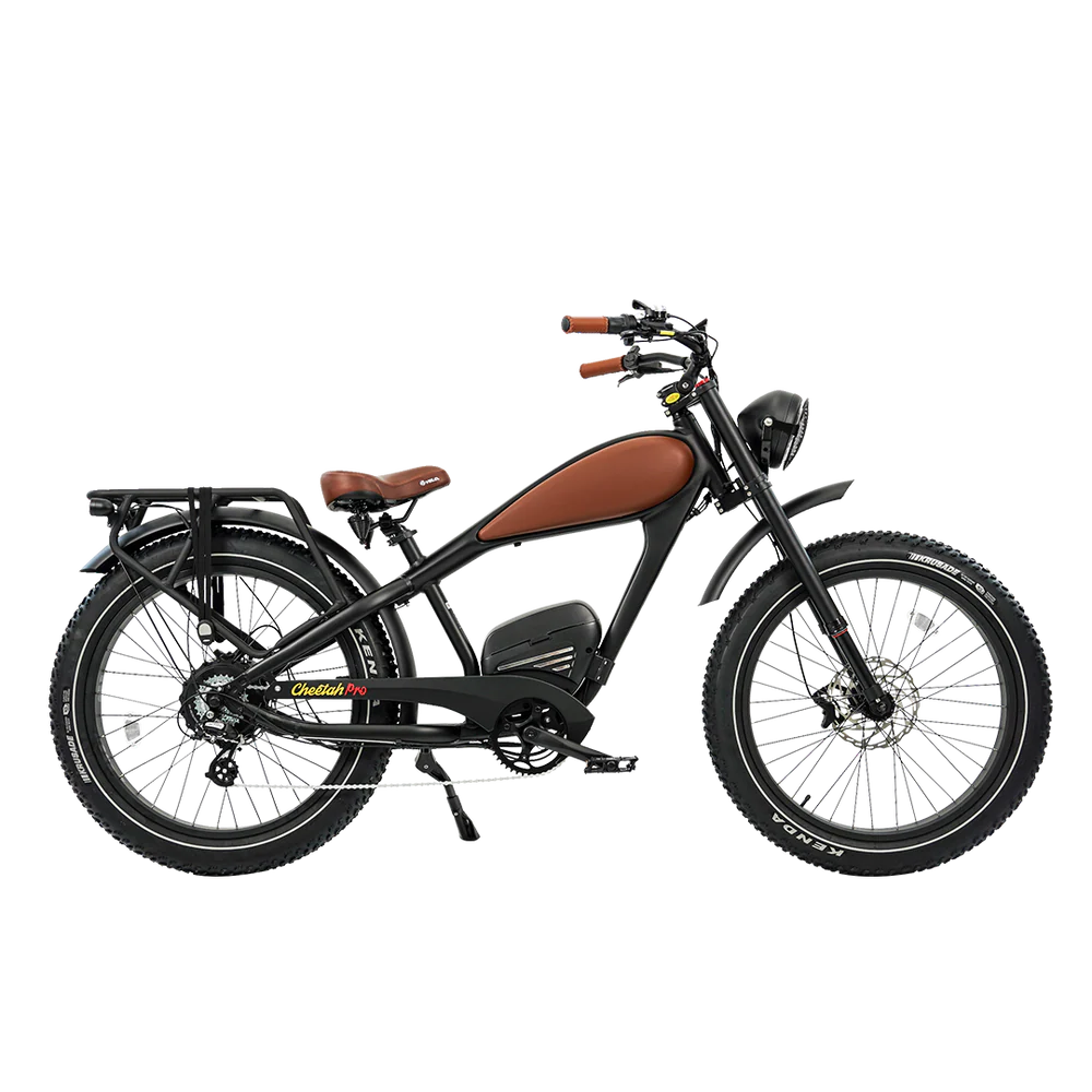 Brown eBike Revi Cougar Pro side view showing frame, wheels, and handlebars against a white background
